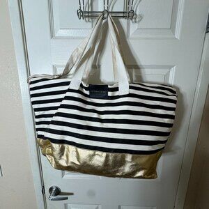 Victoria’s Secret Black White Striped Tote Bag Gold Bottom Large Travel Beach